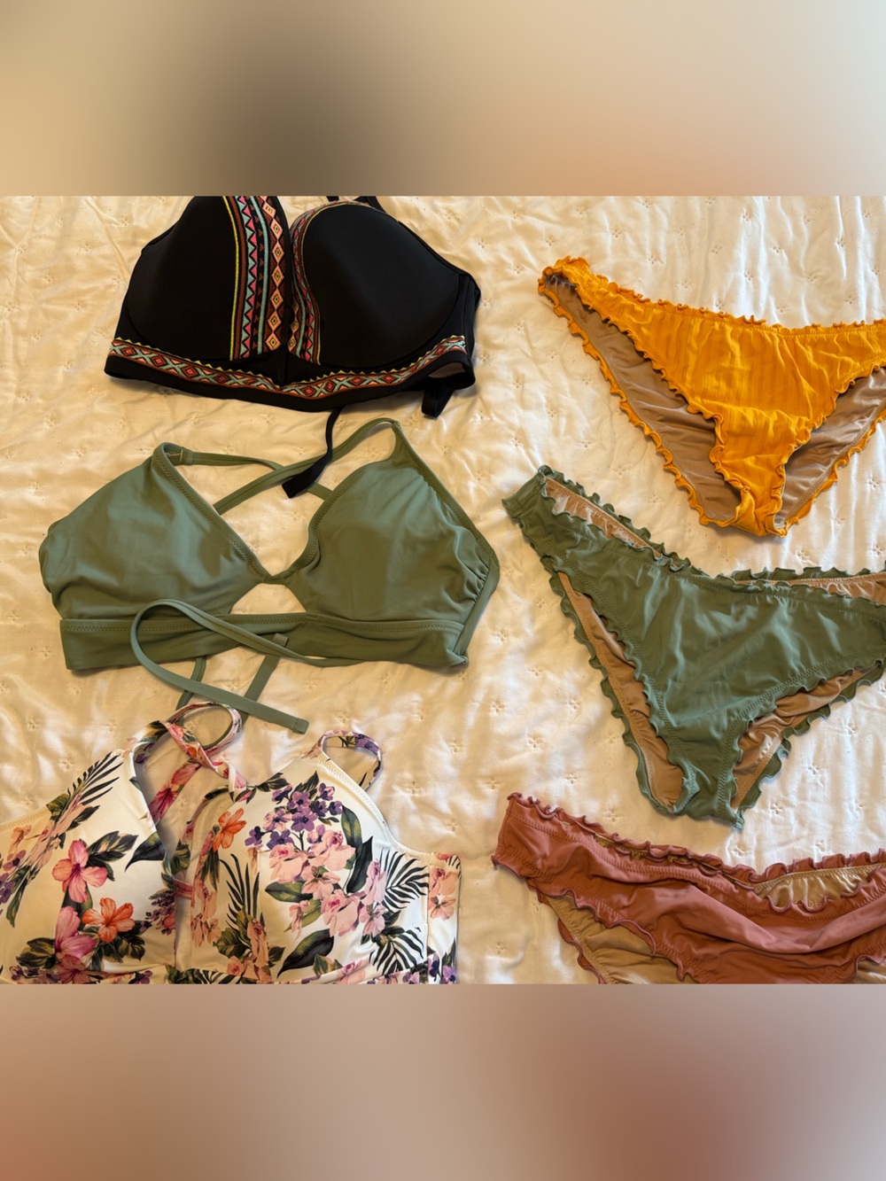 Shade & Shore Olive Green Lace-Trim Bikini Bottoms with Mustard & Floral Mix